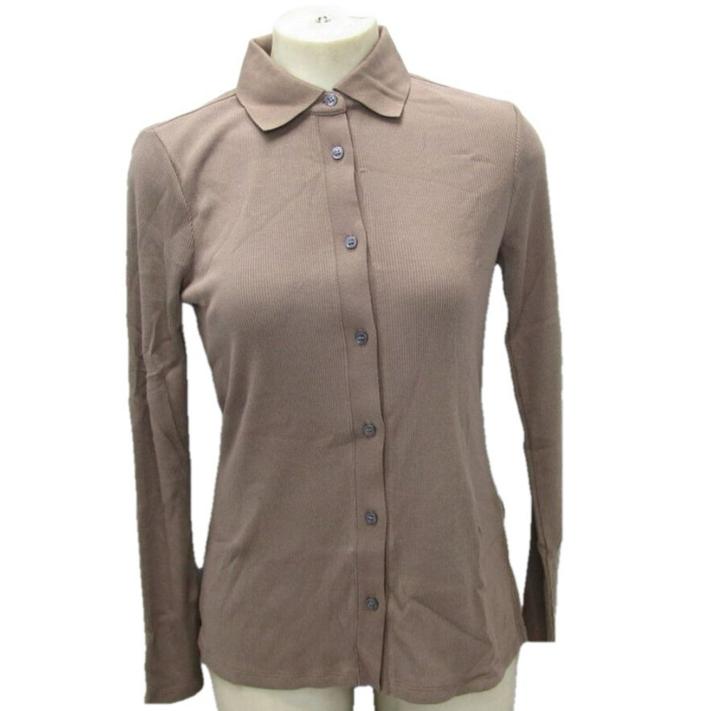 NEW THEORY Women's Shirt Riduro Cotton Button Up Size M Brown